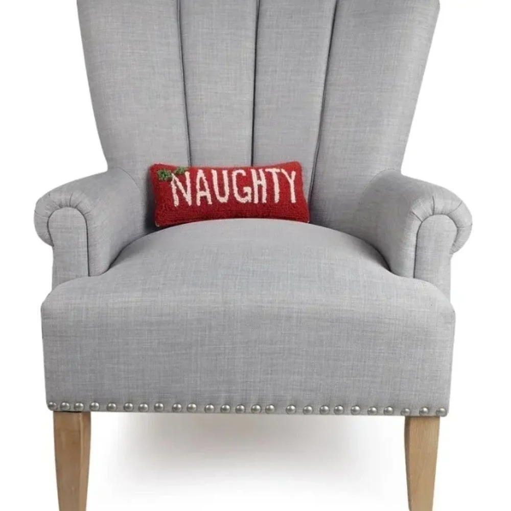 Naughty Christmas Hooked Pillow Red Cream Holiday Lumbar Decorative Accent